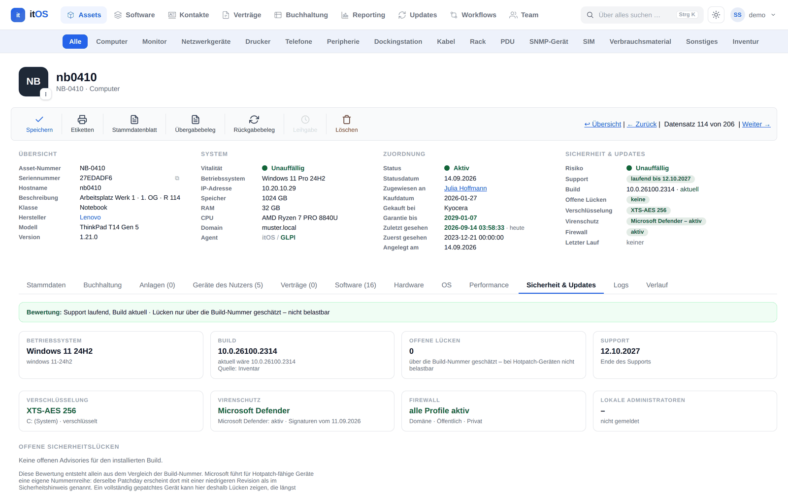 Der Sicherheitsreiter in itOS mit Build, Support-Ende, offenen Lücken, Verschlüsselung, Virenschutz und Firewall.